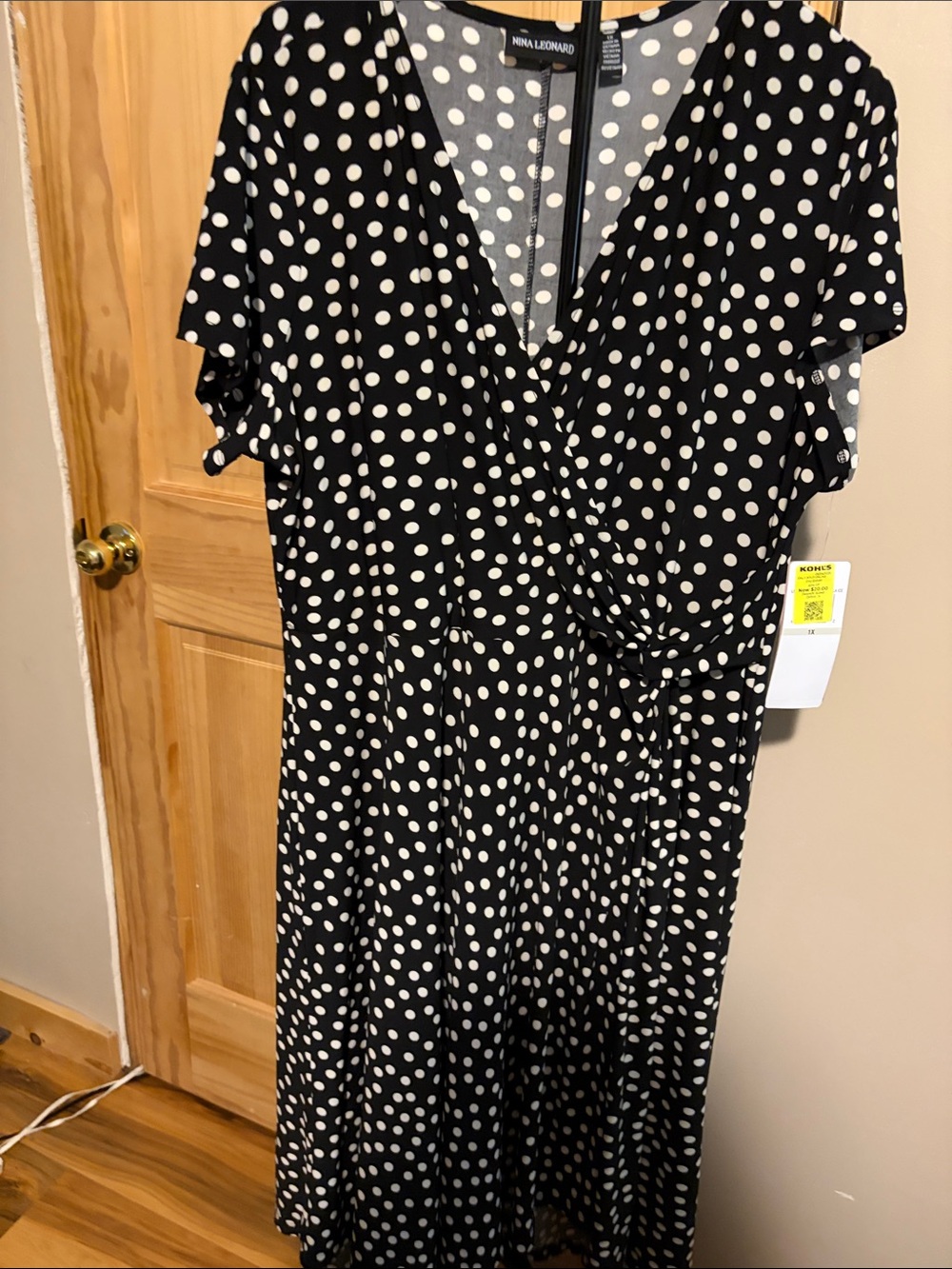 Nina Leonard Black and White Polka Dot Midi Wrap Dress